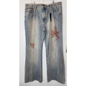 Clash Jeans Wide Leg Women 3XL Blue NWT Embroidered Floral Stretch Denim Pants